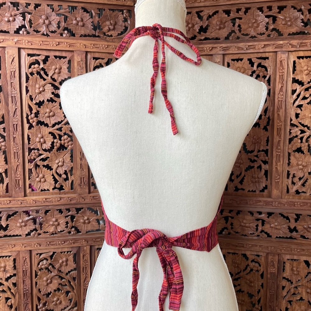 Vintage Coachella Embroidered Striped Red Halter Crop Top Sun & Floral Motif - Picture 7 of 9